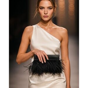 Black Leather Feather Clutch Bag Genuine Leather Evening Purse Boho Chic Handbag